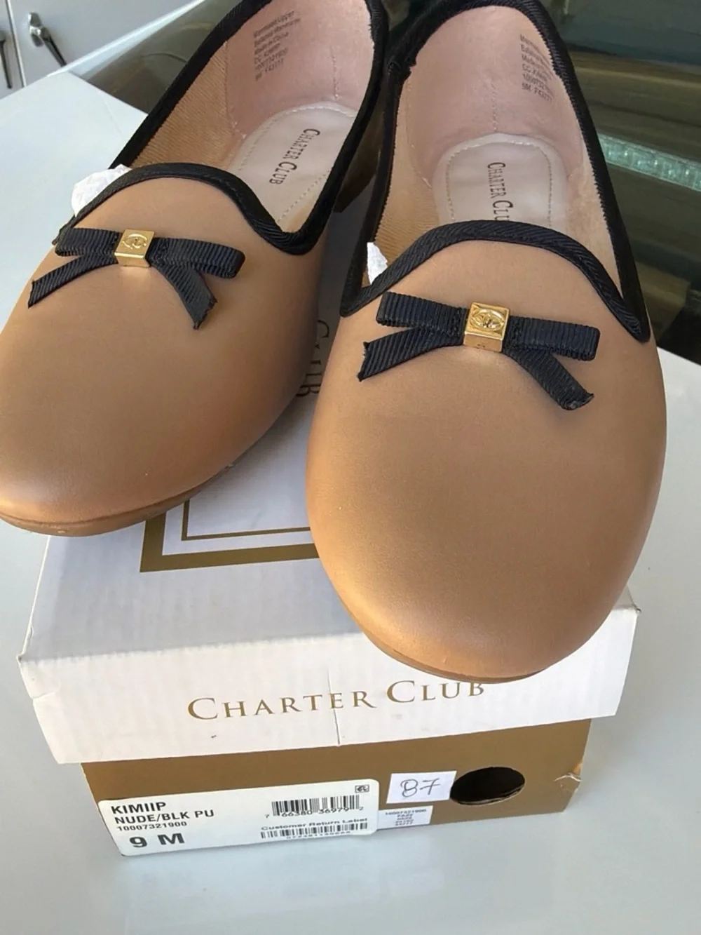 Charter Club Tan Ballet Flats with Black Trim & Bow
